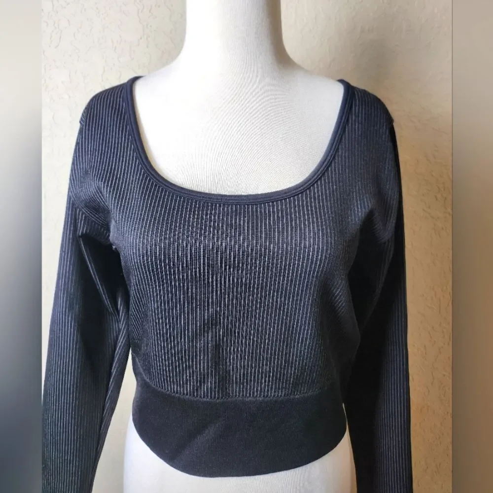 Aerie Offline Ribbed Long Sleeve Cropped Top Black Size XXL New